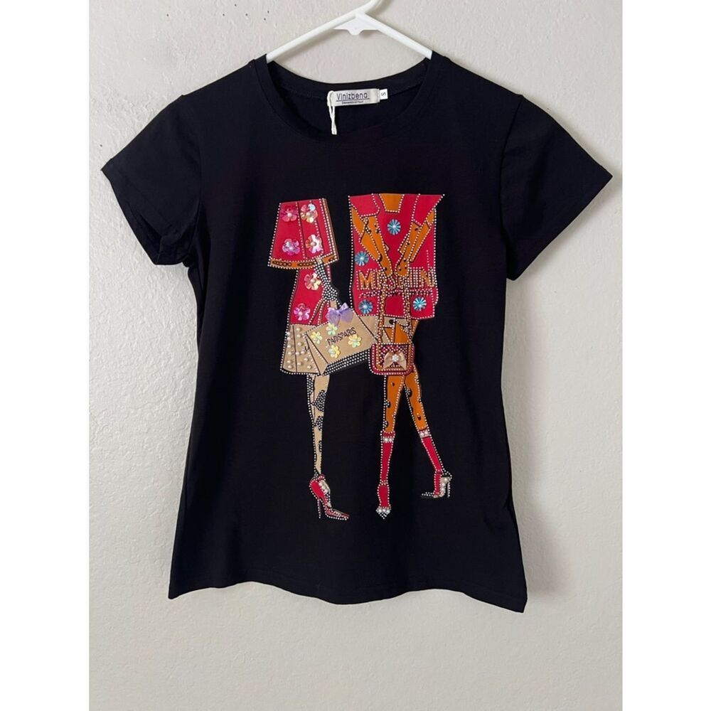 NWT  Vinizbena Super Cute 3D Sparkly Embellished T-shirt Cotton Blend Black in S